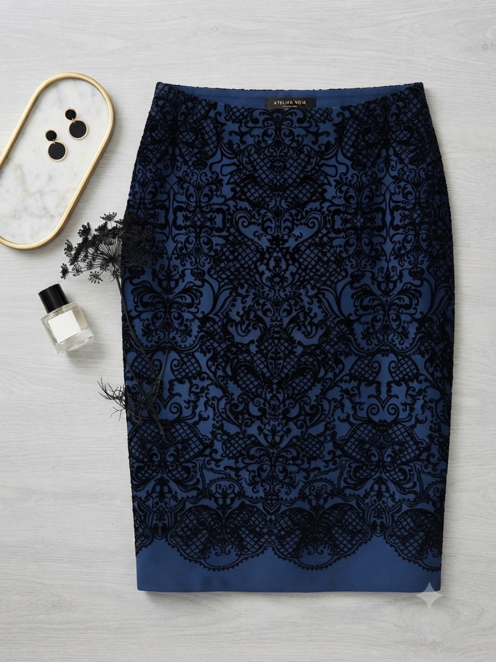 ECI Navy and Black Lace-Print Midi Pencil Skirt